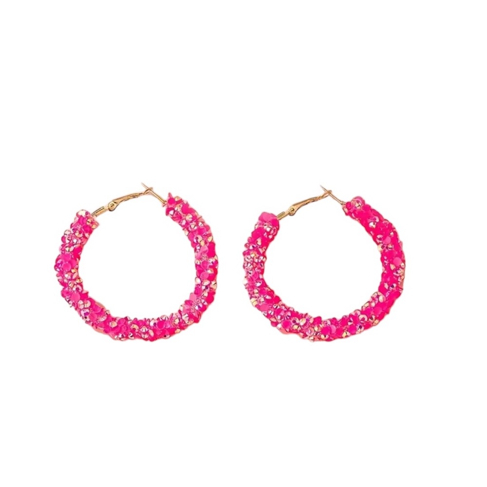 Pink Sequin with Silver Flecks Large Hoop Earrings